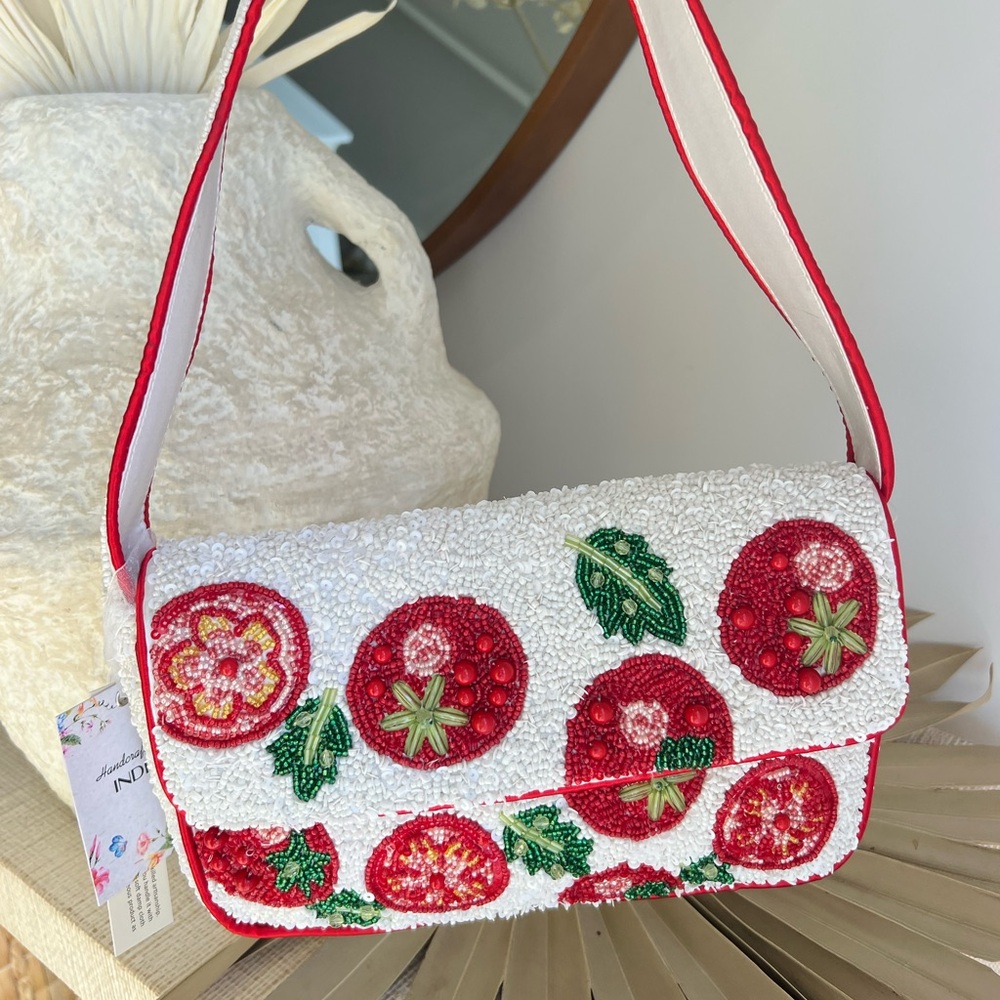 Viral Italian Tomatoe Red & White Beaded Bag, NWT, Handcrafted In India